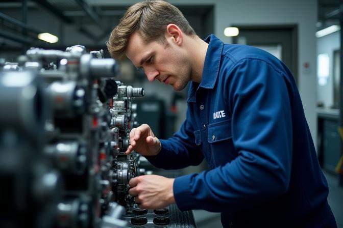 Marine technician working on an engine in a clean workshop environment
