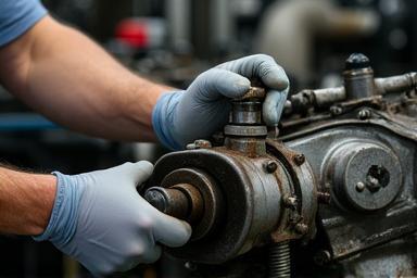 Hands working on a marine engine