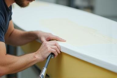 Person repairing a boat hull with fibreglass materials
