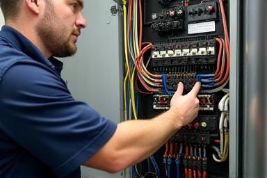 Marine electrician checking wiring on a panel